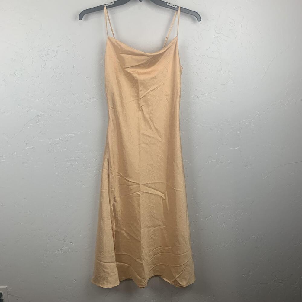 Flat White Dress Womens Large Beige Satin Cowl Neck Slip Midi Adjustable Strap